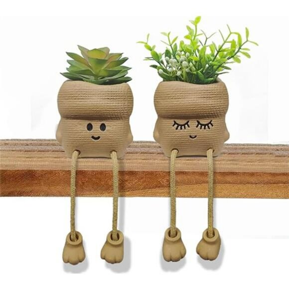 Set of 2 Smiley Face Succulent Planters with Artificial Plants Small Home Office - Picture 7 of 7